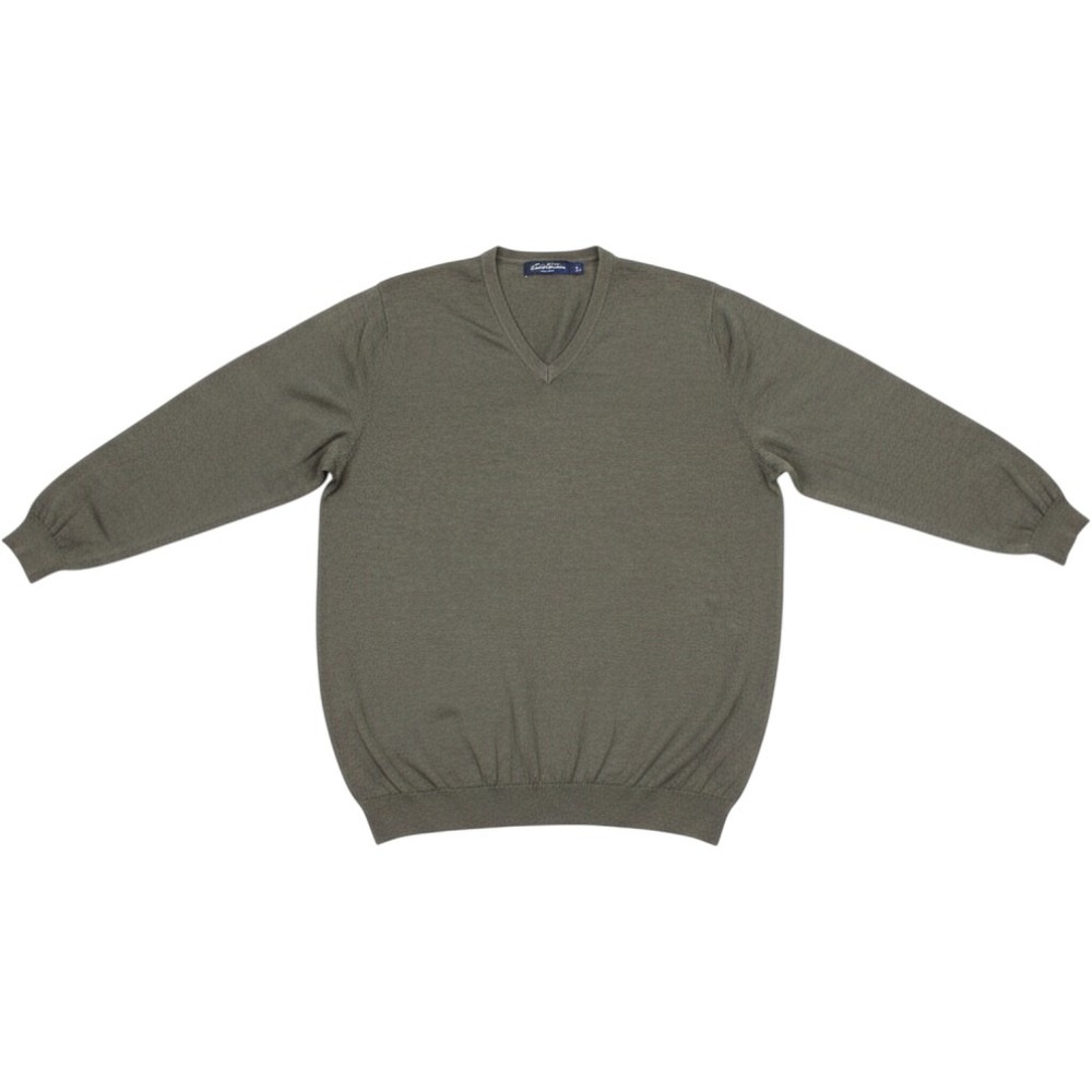 Brooks Brothers Italian Merino Wool Stretch V-Neck Sweater Mens L Olive Green